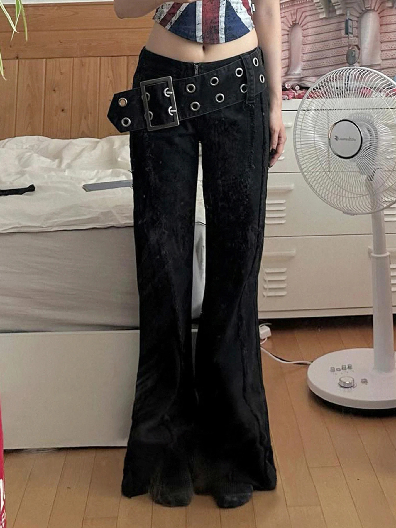 Cuteandpsycho design wide waistband fulllength pants low waisted metal buckle Y2K glitter jeans streetwear pockets cotton sole 250403