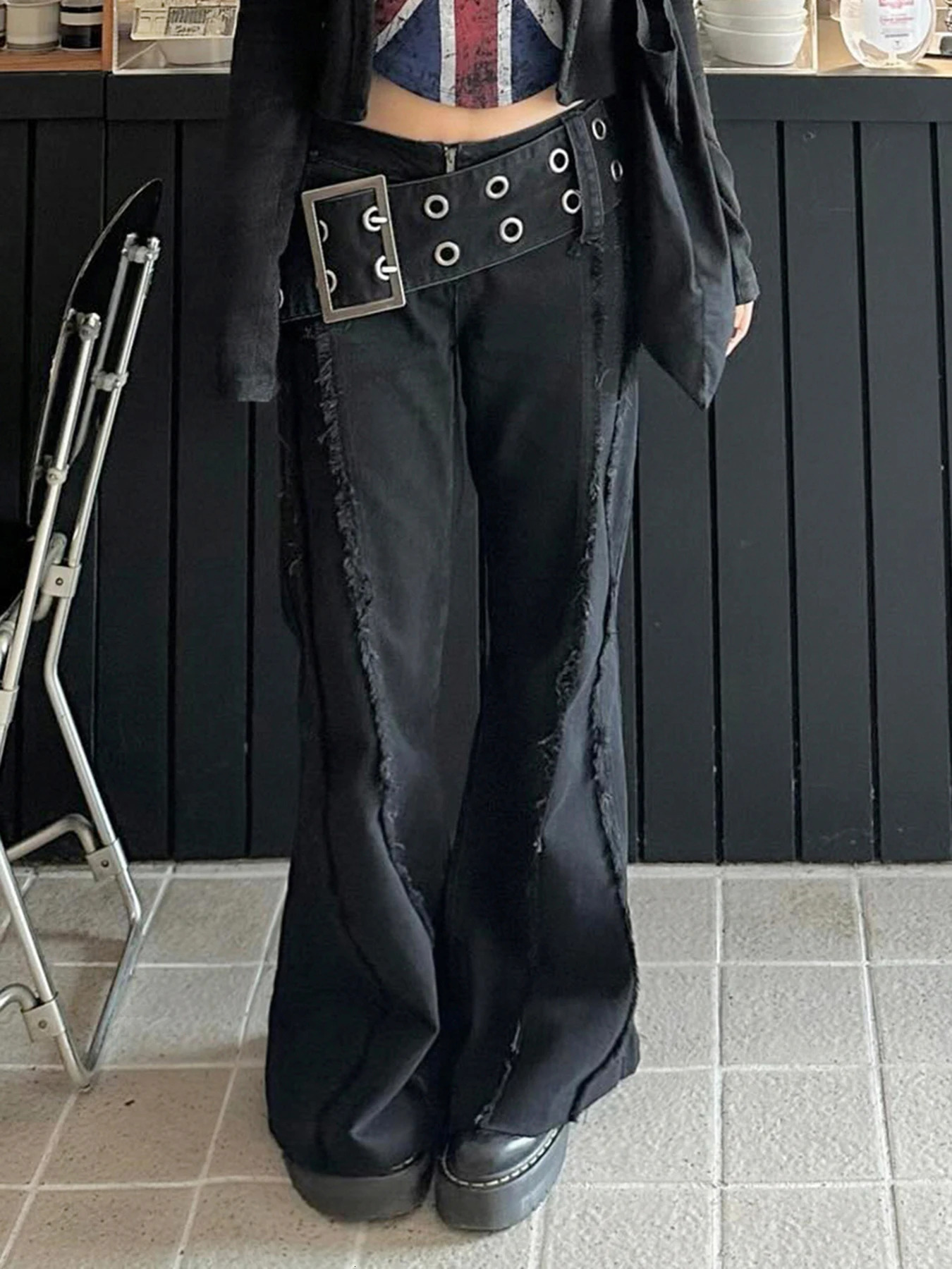 Cuteandpsycho design wide waistband fulllength pants low waisted metal buckle Y2K glitter jeans streetwear pockets cotton sole 250403