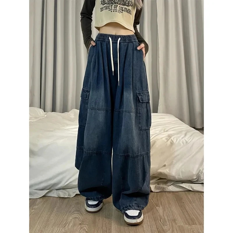 Retro blue commodity jeans womens bag denim pants oversized Y2K pleated hiphop street clothing Harajuku casual wide leg Trousers 250403