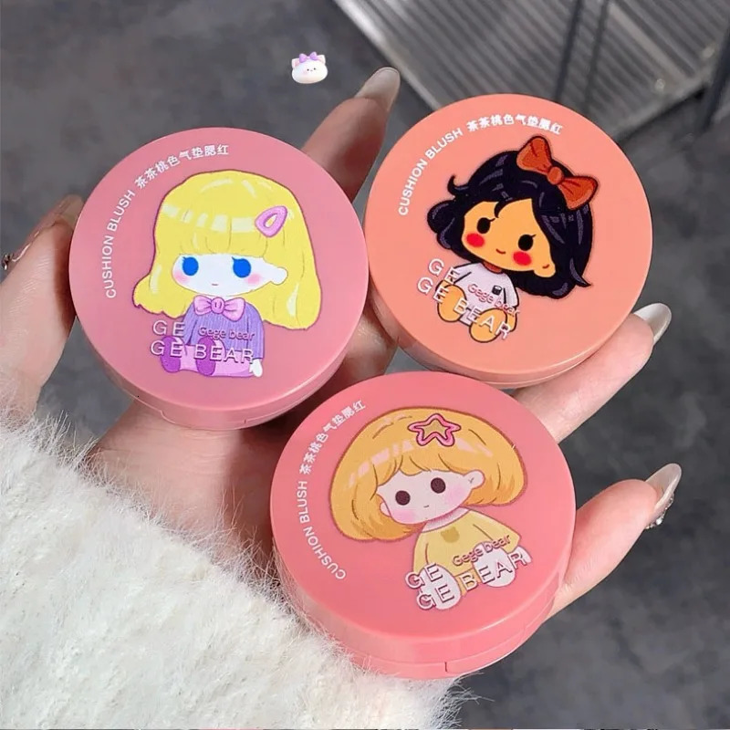 Girls air cushion powder blusher cream strawberry pink face natural matte cheek coloring rouge contour mouse and sponge puff 250325