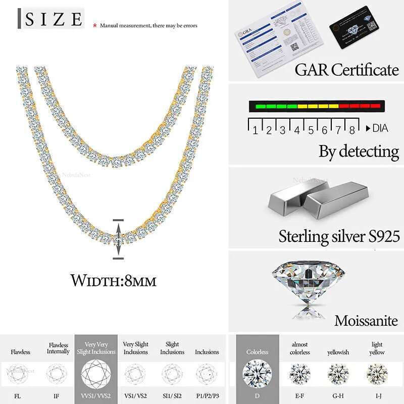 Pendant 8mm-10mm High Quality VVS1 Moissanite Tennis S Sterg Sier Men's And Women's Necklace Passes Dia Testing Free Shipping