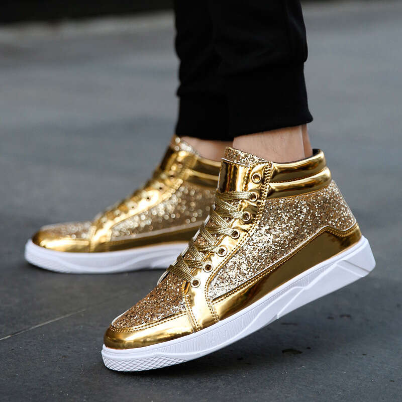 Large leather size 38-48, shiny and personalized Martin boots, men's casual board shoes, high top stage silver boots