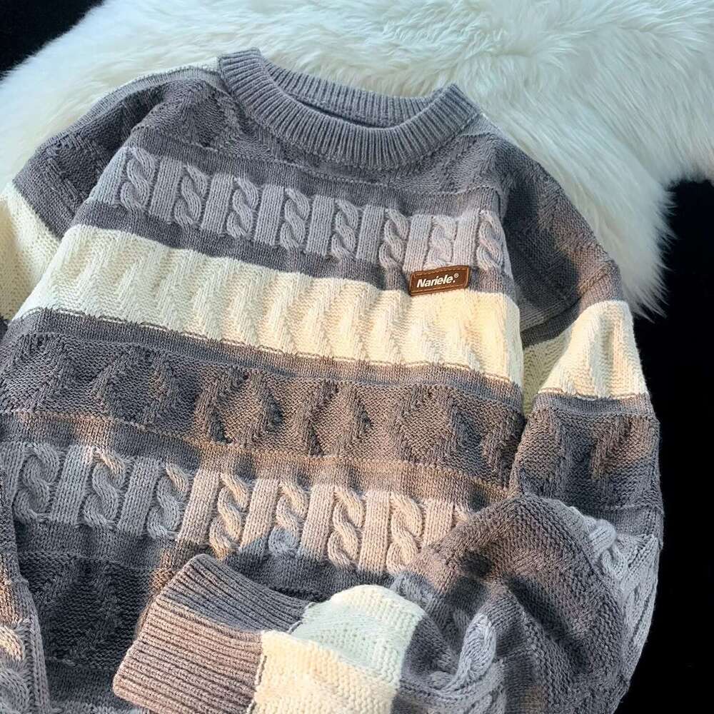 Striped Design Round Neck Pullover Long Sleeve Sweater Women, Autumn And Winter Loose Sweet Knitted Top For Outerwear B5