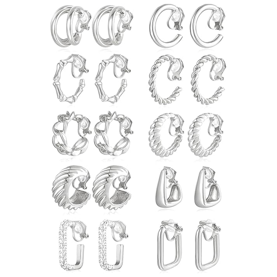 10 Pairs Clip on Hoop Earrings for Women Men Twist Round CZ Chunky Hoop Clip Earring No Piercing Fake Earrings Sets Silver Tone