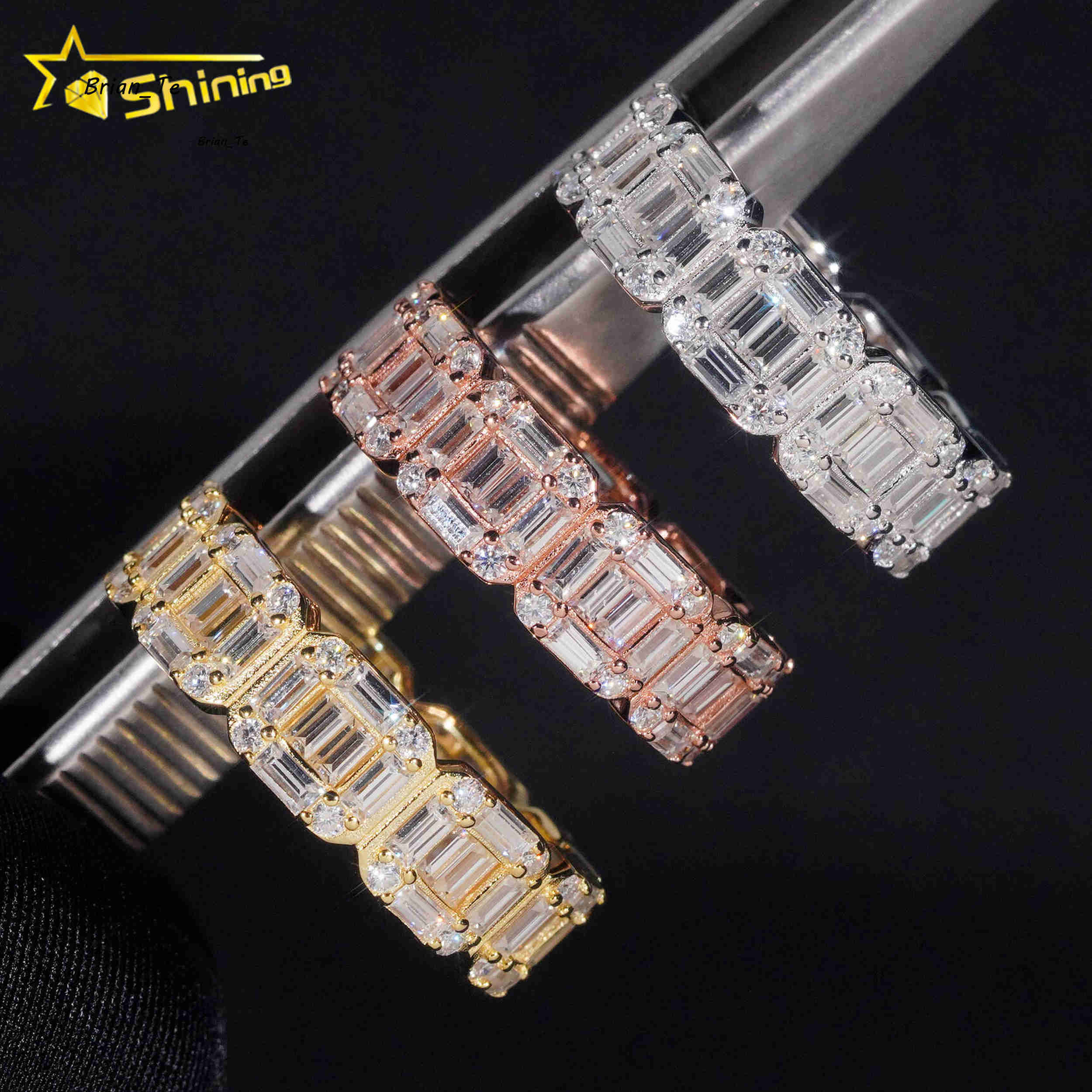 Certified 925 Sterling Silver Gold Plated Hip Hop Jewelry Baguette VVS Diamond Moissanite Hip Hop Band Ring