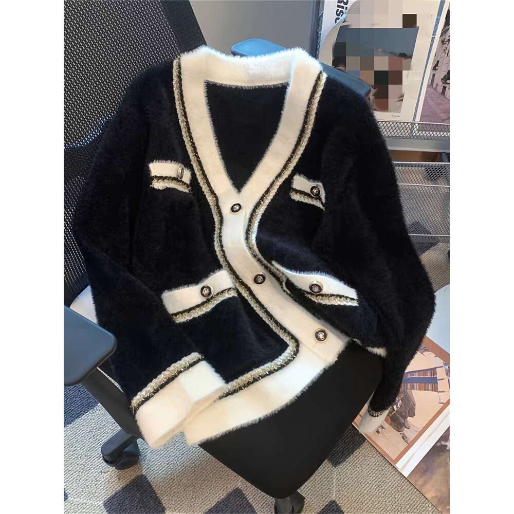 Elegant V-Neck With Button Details - Chic Faux Mulberry Fur Sweater Women, White & Black Contrast Design, Perfect For Fall/Winter, Cozy Cardigan