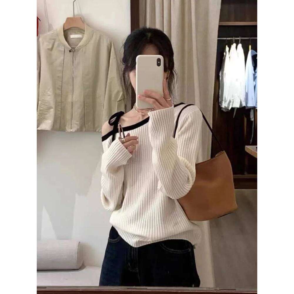 Fashion Autumn Women Knitted Top Pullover Off-Shoulder Sweater Elegant Korean Style Knitwear Long Sleeve Casual Fall Clothing Women Sweater Designer S