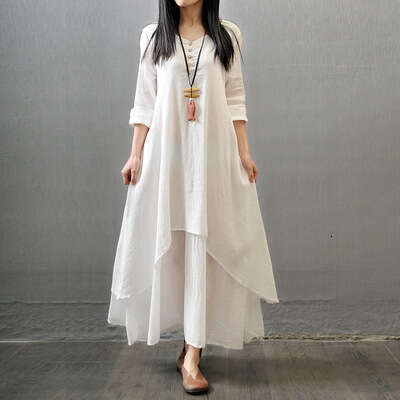 Spring And Autumn New Fake Two-Piece Artistic Flared Loose Long Sleeve Cotton Linen Dress B5