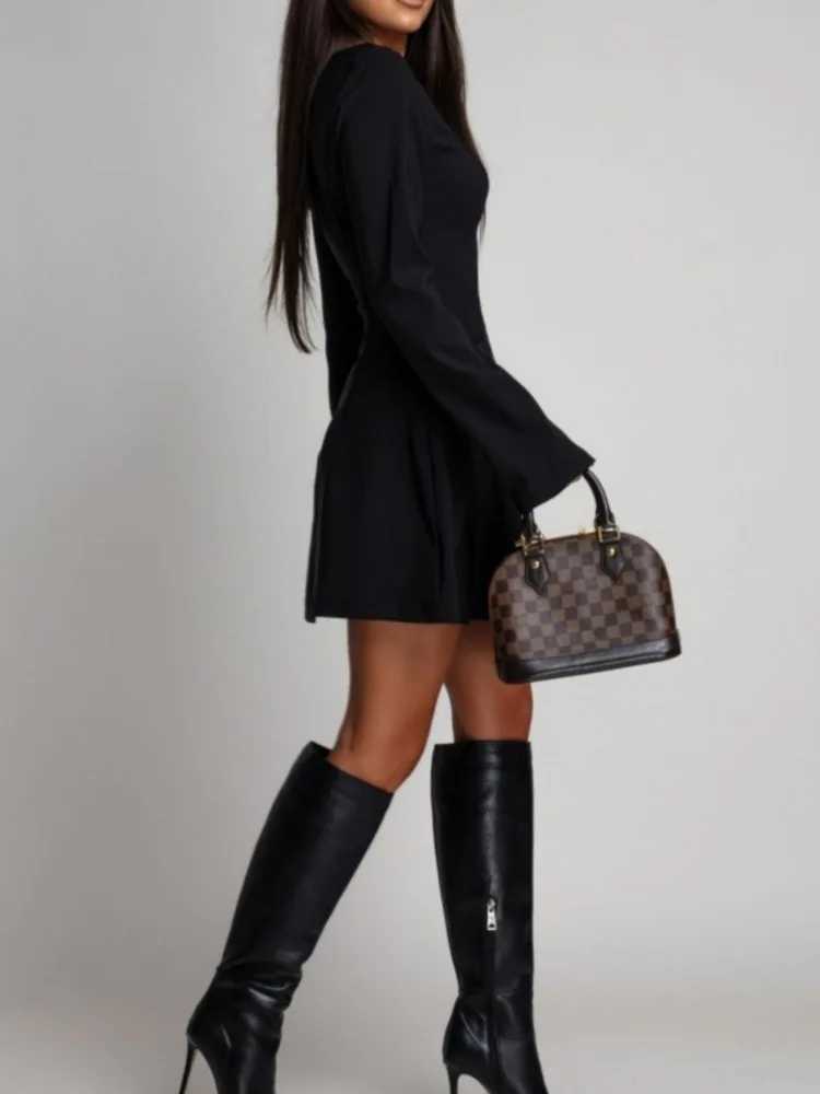 Freeacy Womens Black Mini Dress Round Neck Long Sleeves High Waist Bow Appliqued A-line Short Dress 2025 Stylish Party Dresses J251105