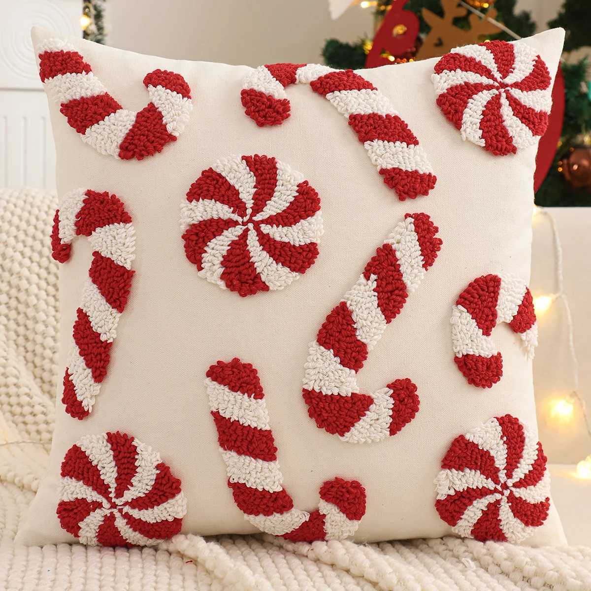 Tufted Throw Pillow Cover Christmas Decoration Canvas Christmas Tree Snowflake Crutch Winter Farmhouse Home Sofa Living Room Y251105