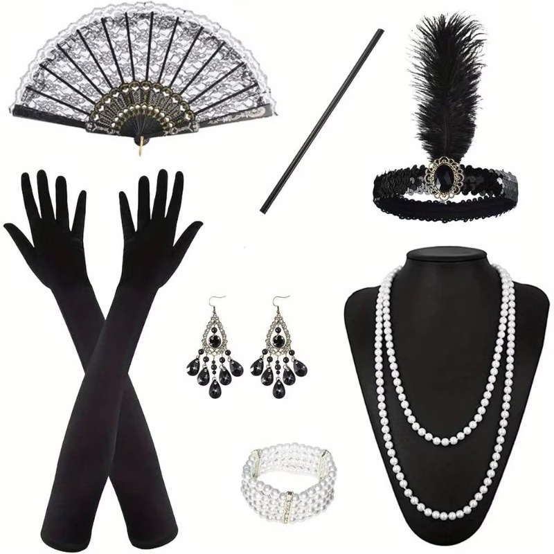 7 pieces of 1920 fashionable lady accessories, feather headbands, necklaces, gloves, cigarette sticks and earrings collect women's outfits