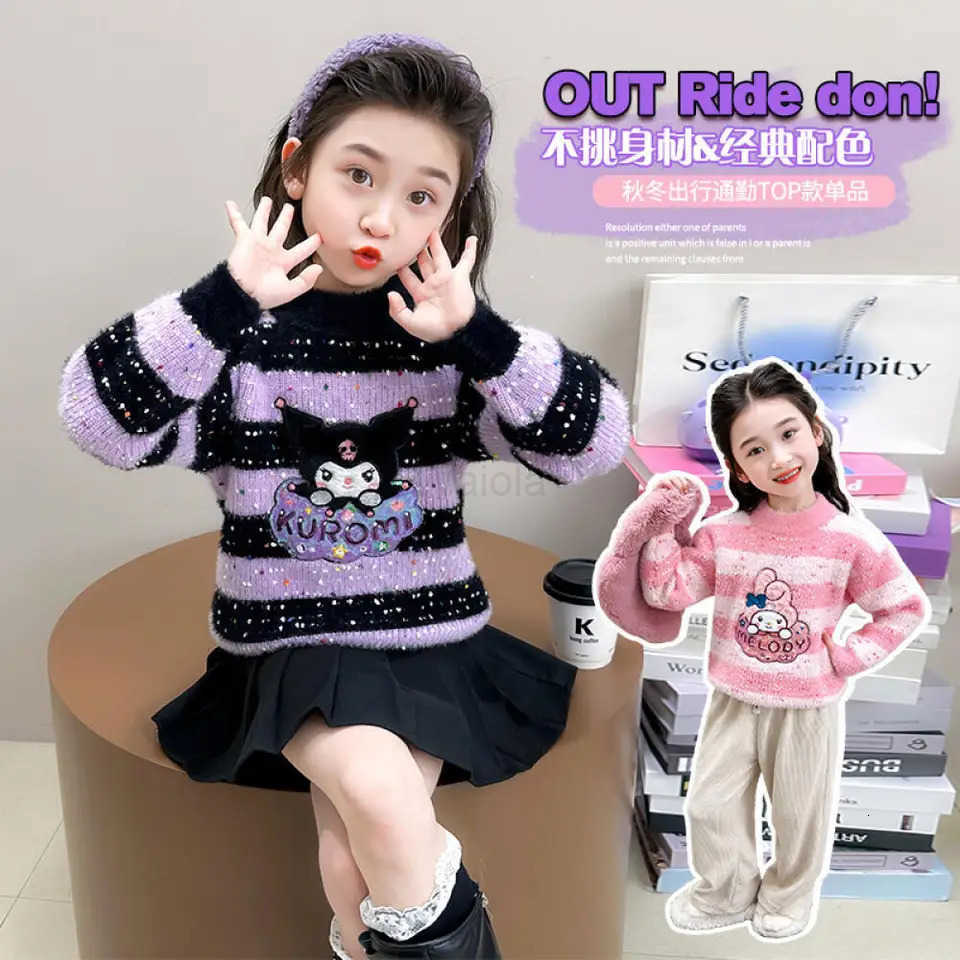 Sanrio Kuromi Sweater Autumn Winter New Baby Girl Cute Warm Velvet Thickened Knitted Base Shirt Pullover Childrens Clothing H251105
