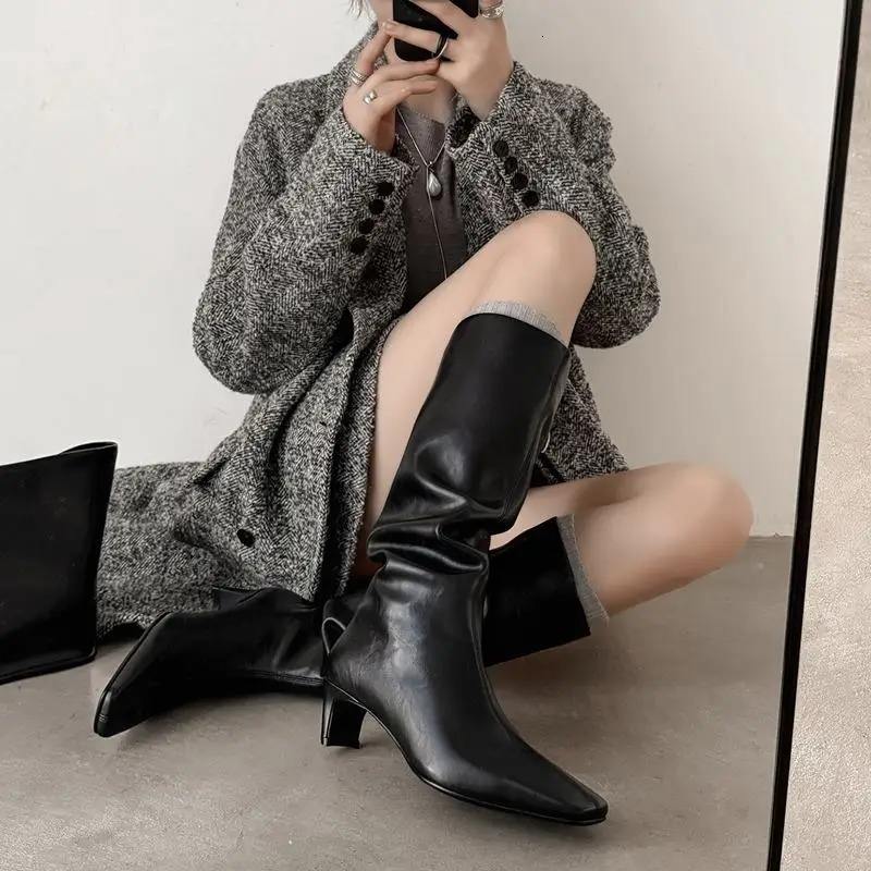 MORAZORA 2025 Genuine Leather Boots Women Square Toe High Heels Pleated Knee High Boots Fashion Modern Boots Street Shoes 251031