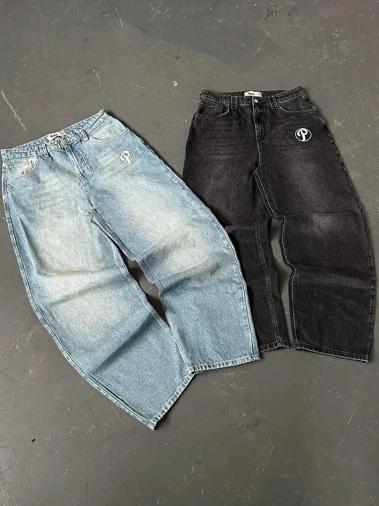 Y2K Protect Streetwear Hip Hop Jeans Mens Pants Harajuku Letter Embroidery Vintage Blue Baggy Jeans High Waist Wide Leg TrouserT251105