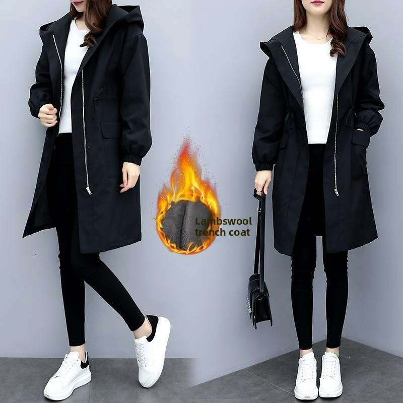 Fleece-Lined Thickened Trench Women, Mid-Length Jacket Autumn And Winter , Hooded Coat For Students, Korean Style Loose Cotton Clothing B5