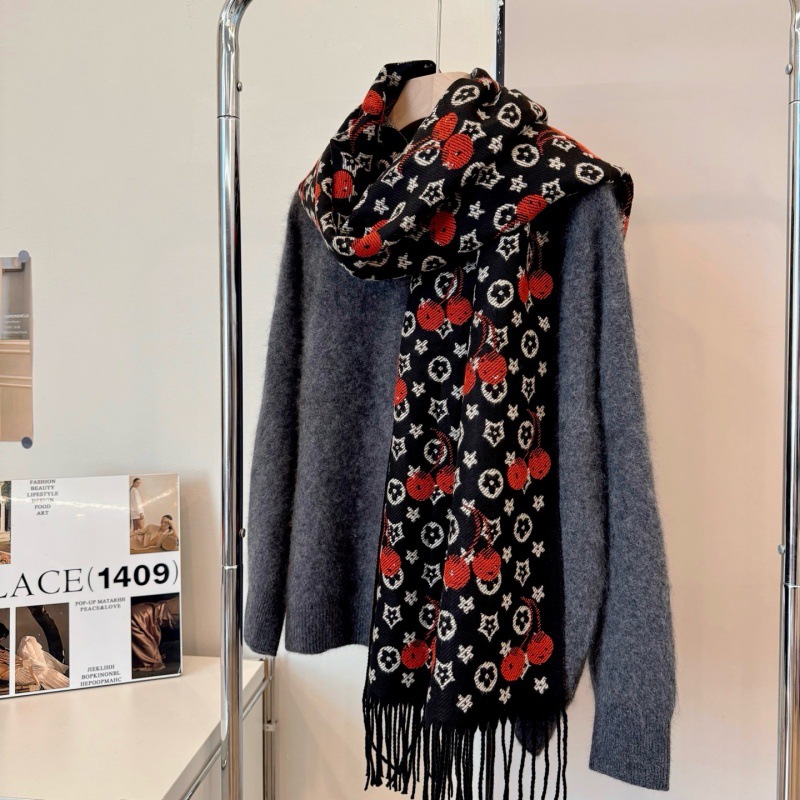 Vintage Style Cherry Blossom Double Sided Scarf Ladies Autumn And Winter Warm Tassel Shawl Scarf Fashionable And Versatile Imitation Cashmere Scarf