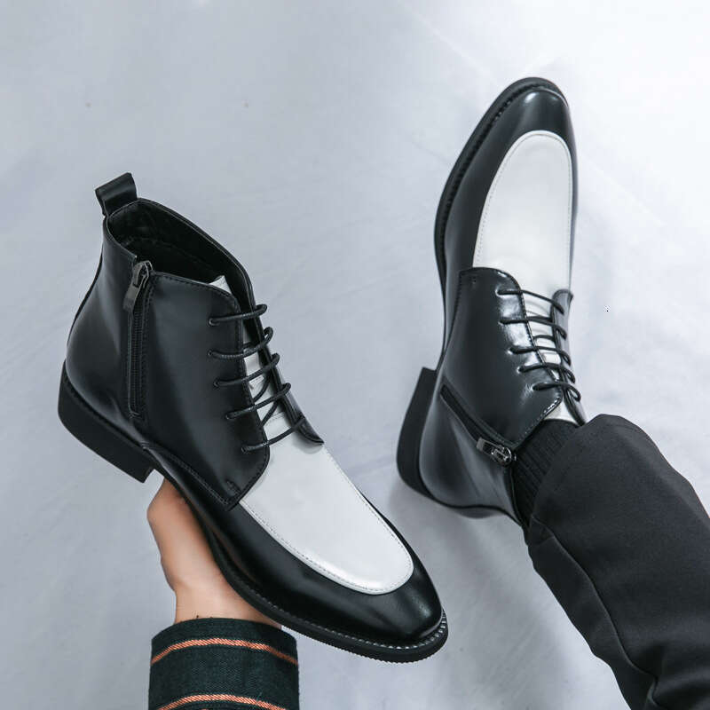 Large size color blocked zipper lace up business dress 2024 autumn/winter new fashionable high top leather boots