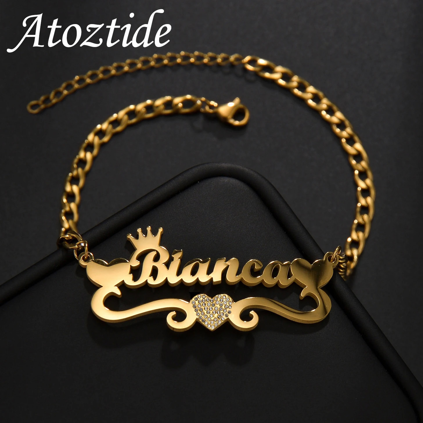 Atoz Personalized Custom Name Bracelet Stainless Steel For Men Women Zircon Heart Letter Link Chain Birthday Jewelry Gift 250327
