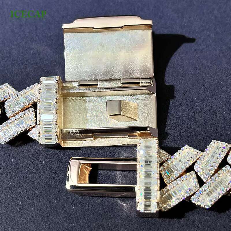 Customization Full Iced Out Moissanite Diamond 925 Silver Cuban Link Chain Baguette round Moissanite Hiphop Cuban Necklace