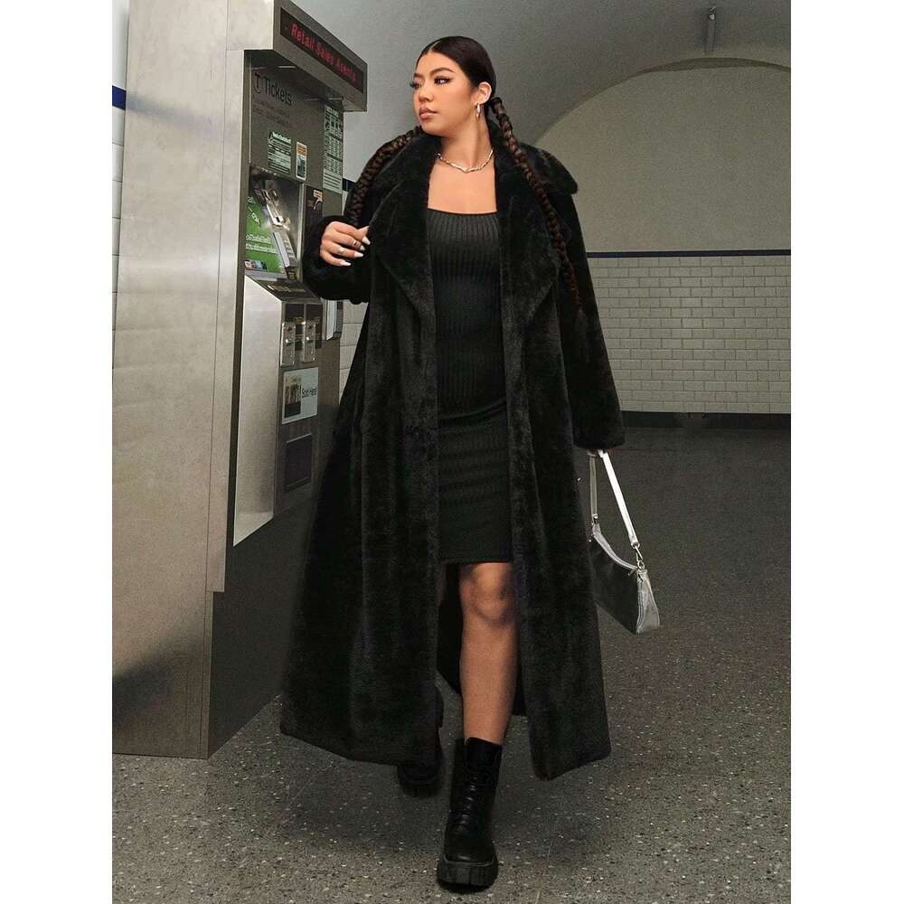 Solid Color Faux Fur Coat, Elegant Lapel Collar Long Sleeve Longline Coat For Fall & Winter, Women's Plus Size Clothing