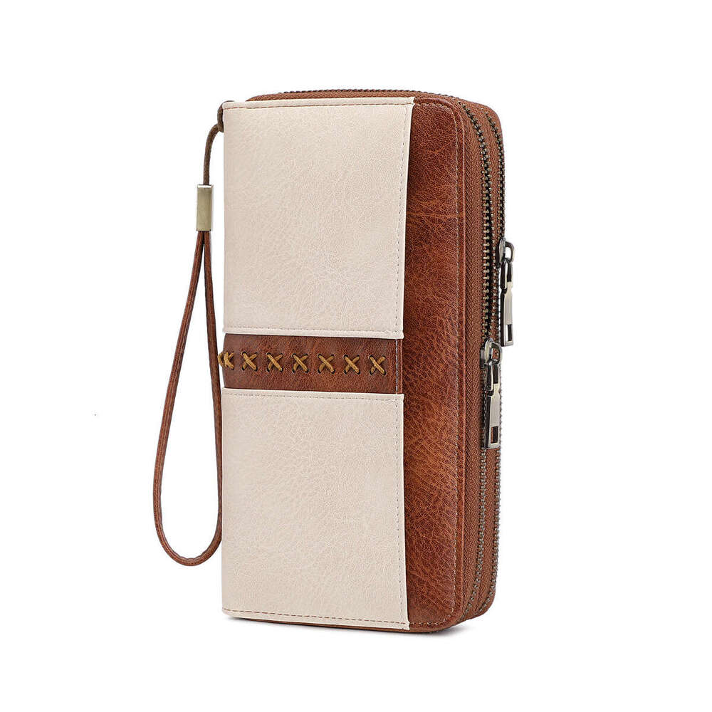 Cross-Border New RFID Women's Double Zipper Contrast Color Long Wallet European and American Retro Large Capacity Men's Clutch