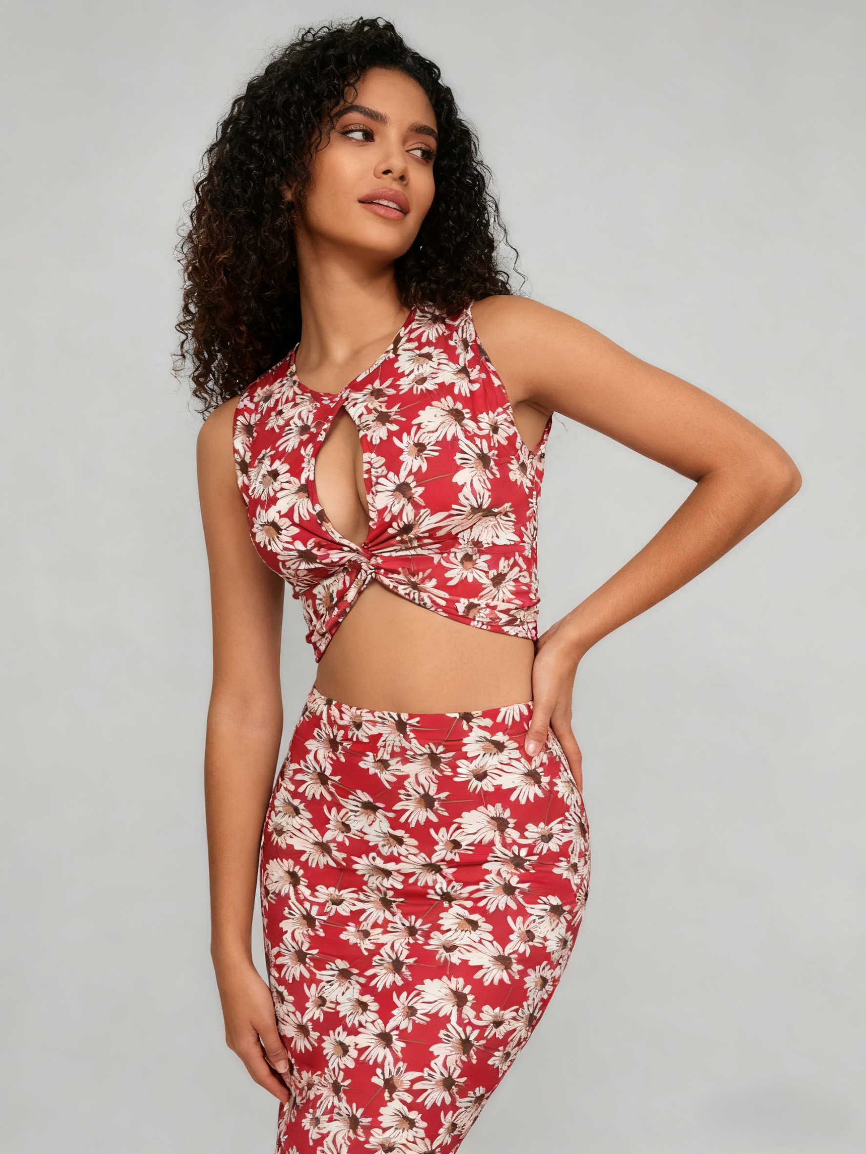 South American Passionate Sexy Lace-Up Twist Red Floral Print Tank Dress Set