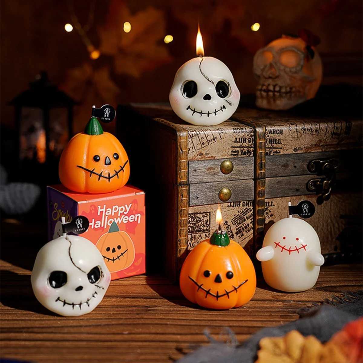 1/3pcs Halloween Scented Candles Set - Spooky Pumpkin Ghost Skull Soy Wax DecorAutumn Festive Home Gifts Trio C251105