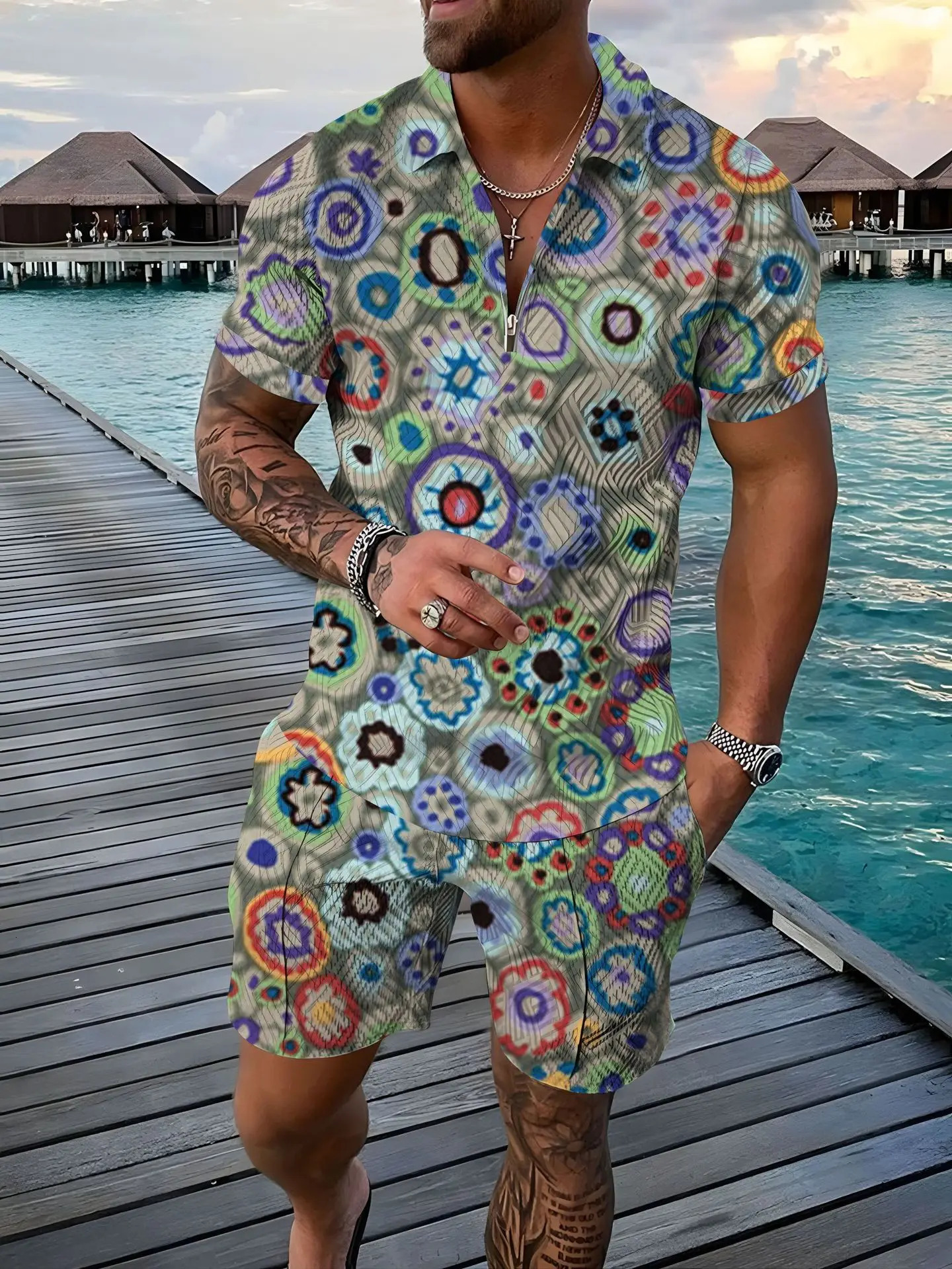 Retro Hawaiian Polo 2PCS Set 3D Printed Polo Shirt 2-piece Zipper Set Polo ShirtShorts Holiday Style Fashionable Mens Wear 250402