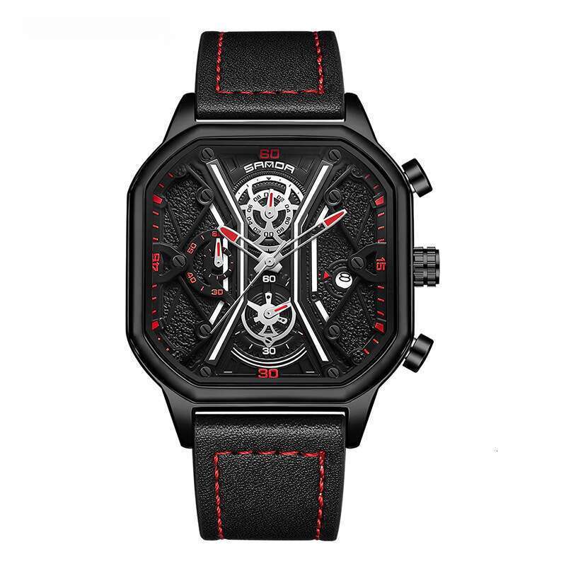 DHwatches Sanda Waterproof Calendar Luminous Three Eyes Six Hands Solid Steel Band Fashion Square Quartz Watch for Men