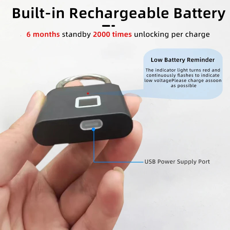 RAYKUBE P2 Smart Fingerprint Padlock Waterproof Zinc Alloy Biometric Padlocks With Buit-in Rechargeable Battery 250402