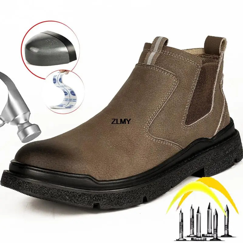 Waterproof Mens Shoe Steel Toe Work Security Boots Men Anti-spark Safety Shoes Male Slip On Puncture Proof Chelsea Boot 251104