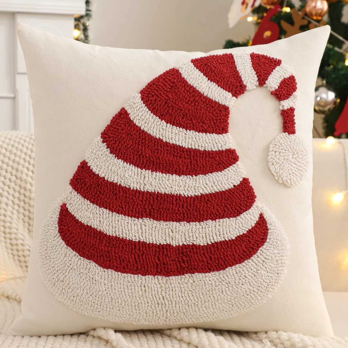 Tufted Throw Pillow Cover Christmas Decoration Canvas Christmas Tree Snowflake Crutch Winter Farmhouse Home Sofa Living Room Y251105