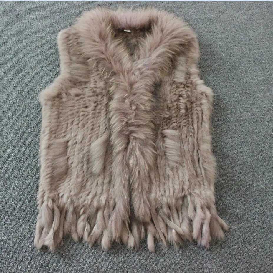 New Real ladies Genuine Knitted Rabbit Fur Vest With Raccoon Fur Trimming Waistcoat Winter Fur Jacket harppihop fur W251105
