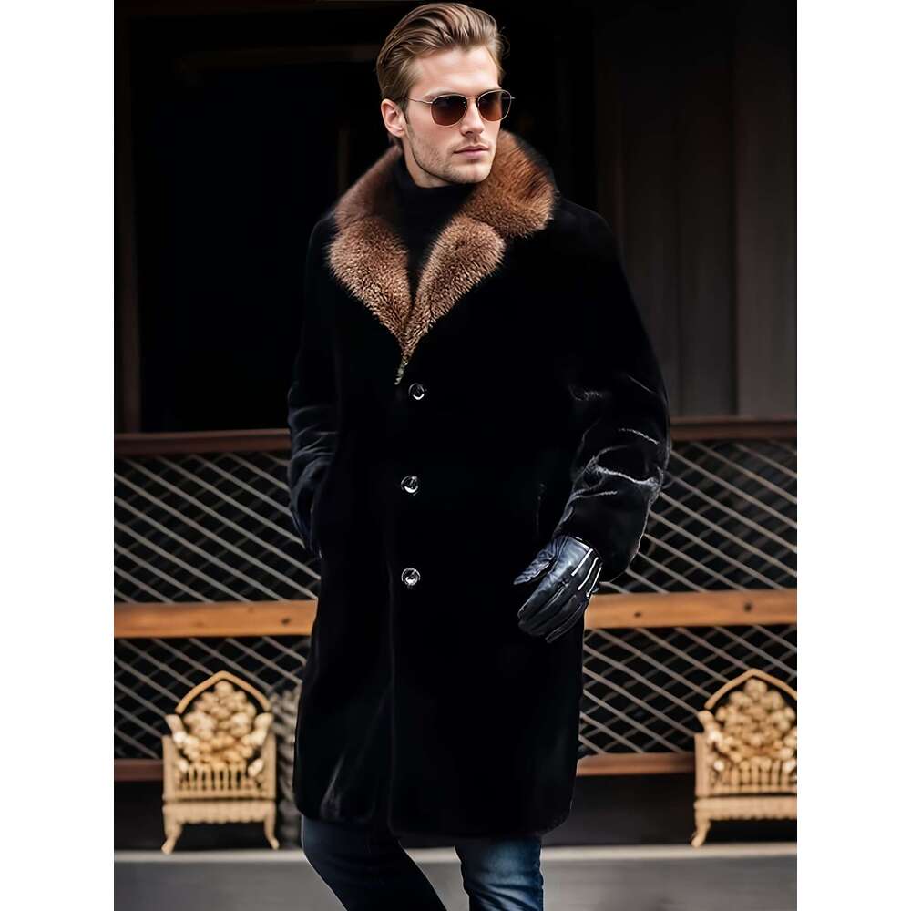Warm Coat Winter Warm Faux Fur For Men | Thickened Fece-Lined Long Coat With Lapel Collar, Sing-Breasted Button Front Pockets, Black Casual & Business