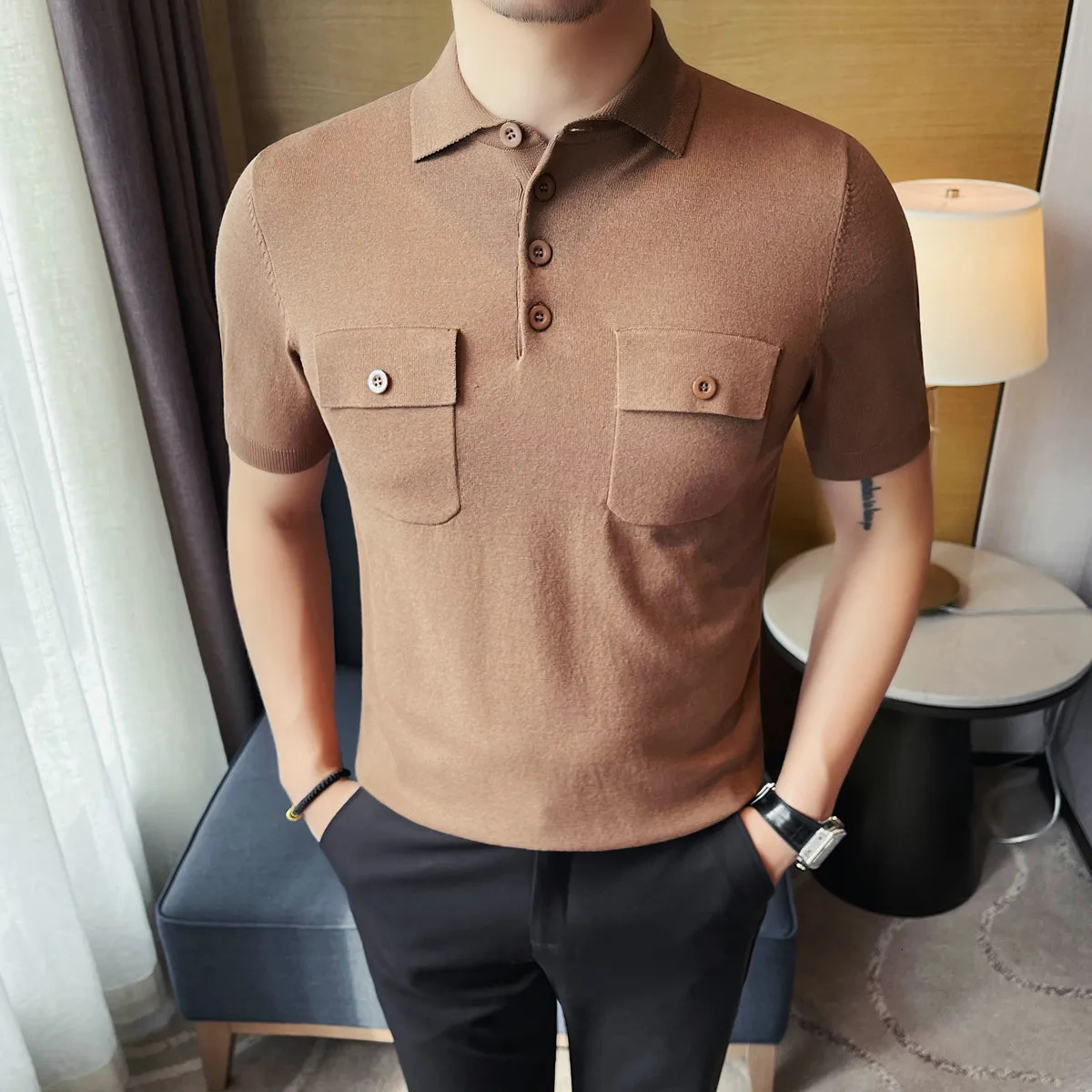 Polo shirt mens summer fashion double pocket short sleeved mens polo shirt slim fit casual silk knit pull-out 250401
