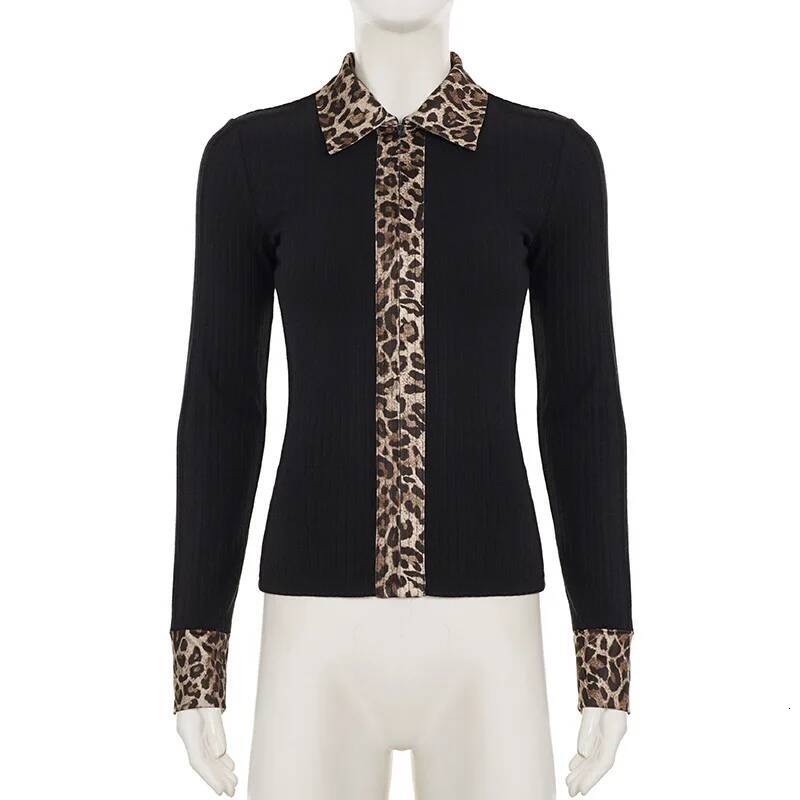 winter jacket women Y2K Style Leopard Print Splicing Neck Threaded Knitted Sweater Slim and Thin Spice Girls Women's Top
