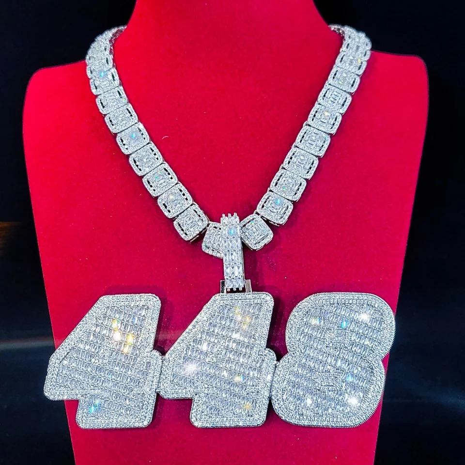 Custom Ice Number Word Pendant Chain Icy Baguettecz Letter Necklace Solid Back Laser Engraving Personalized His Birthday Gifts 251105