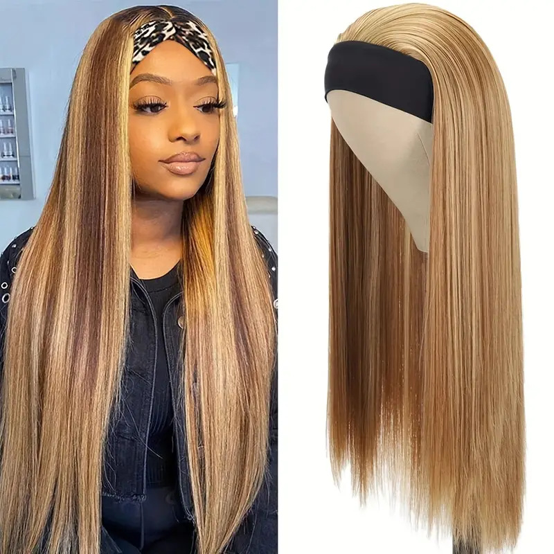 Natural Brown Gold Ombre Wig - Long Straight Synthetic Fiber with Adjustable Band for Comfort