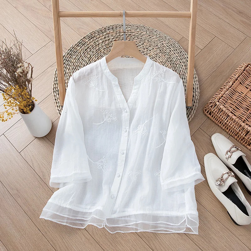 Chinese Style Womens Shirt Cotton Linen Vintage Blouses Loose Embroidery Clothing Short Sleeves Summer Women Tops 250402