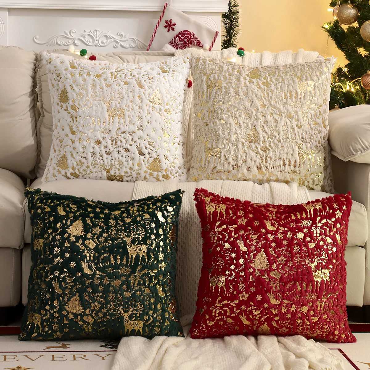 1 PC Christmas Tree Throw Pillow Cover Winter Plush Bronzing Christmas Decoration Living Room Y251105