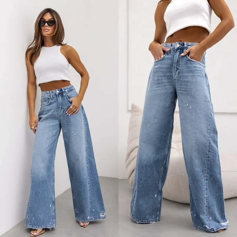 High waisted loose wide leg denim jeans womens holes washed casual straight pair boots strapless 250403
