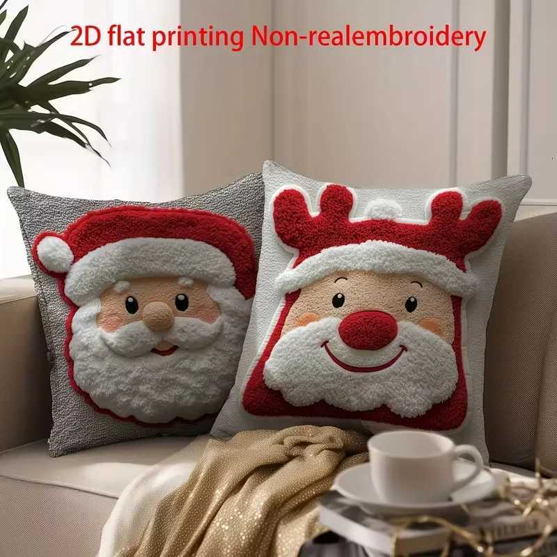 Christmas Cushion Cover 2D Santa Reindeer Pattern Soft Plush Pillow Case Living Room Sofa Decor Plush Pillowcase Christmas Decor Y251105