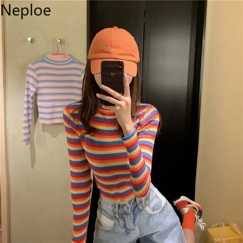 Neploe Rainbow Striped Sweater Y2K Cropped Tops Turtleneck Long Sleeve Pullover Women Sweaters Korean Patchwork Clothes Pull 251104