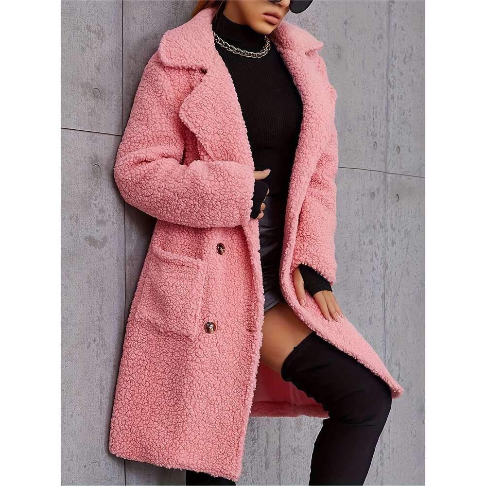 Chic Coat Chic Cozy Women's Faux Fur-Lined Mid-Length Winter Coat | Stylish Beige Outerwear With Pockets, Long Sleeves, Button-Up Design - Perfec