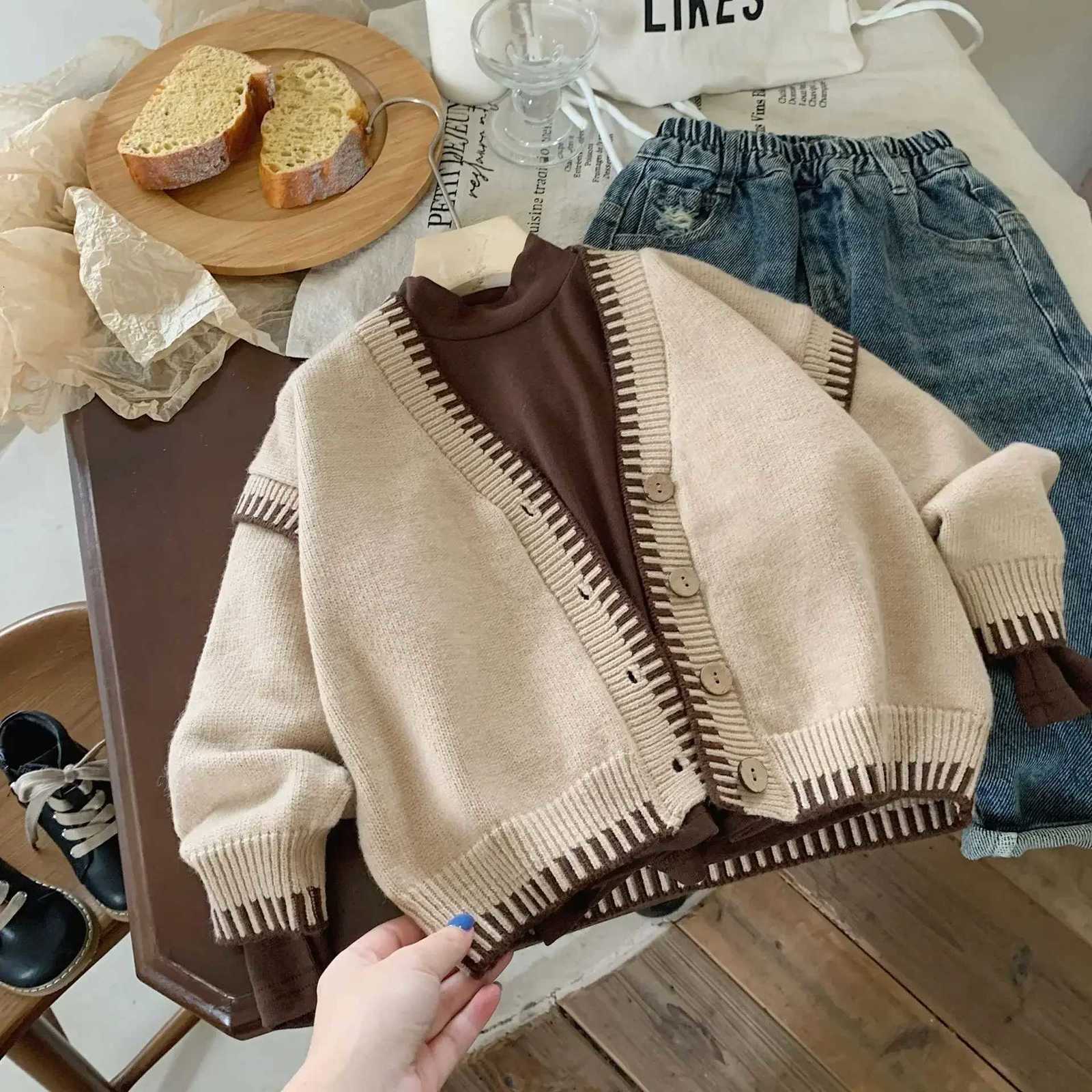 Autumn Korean 2024 Ins Children Girls Cardigan Vintage V- Neck Jacquard Weave Literary Baby Girls Sweater Casual Kid Girls CoatT251105
