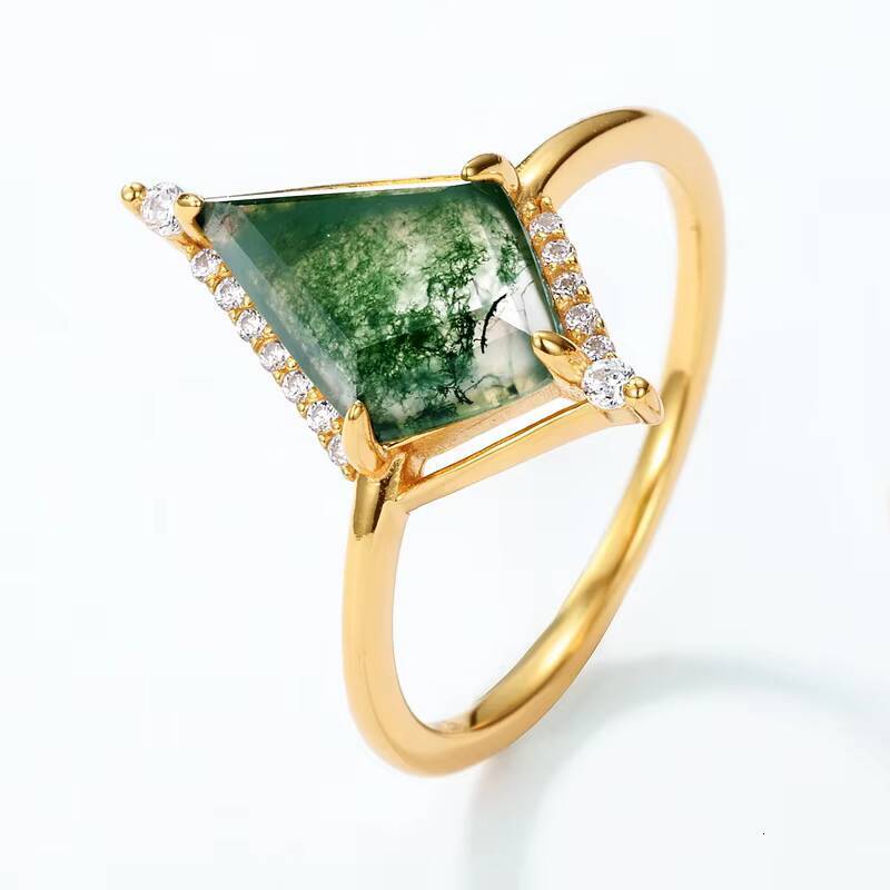 925 Sterling Silver Jewelry Plated Moissanite Ring Kite Cut Natural Moss Agate Girls Engagement Ring