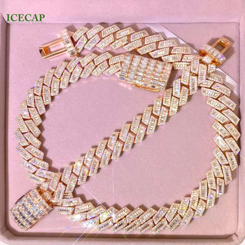 Heavy Solid 925 Silver Rose Gold Trapezoid Cuban Chain Necklace Moissanite Diamond Bracelet for Rapper HipHop Cuban Link Chain