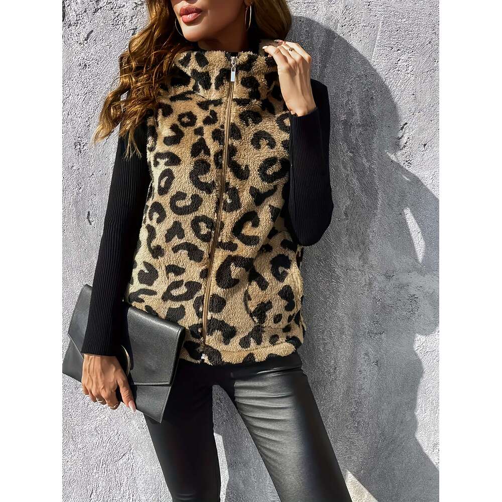 Women's Leopard Print Teddy Faux-Fur Sleeveless Vest With High Neck & Zipper Closure - Warm Winter Coat Fall/Winter, Hine Washable, Versatile Lay