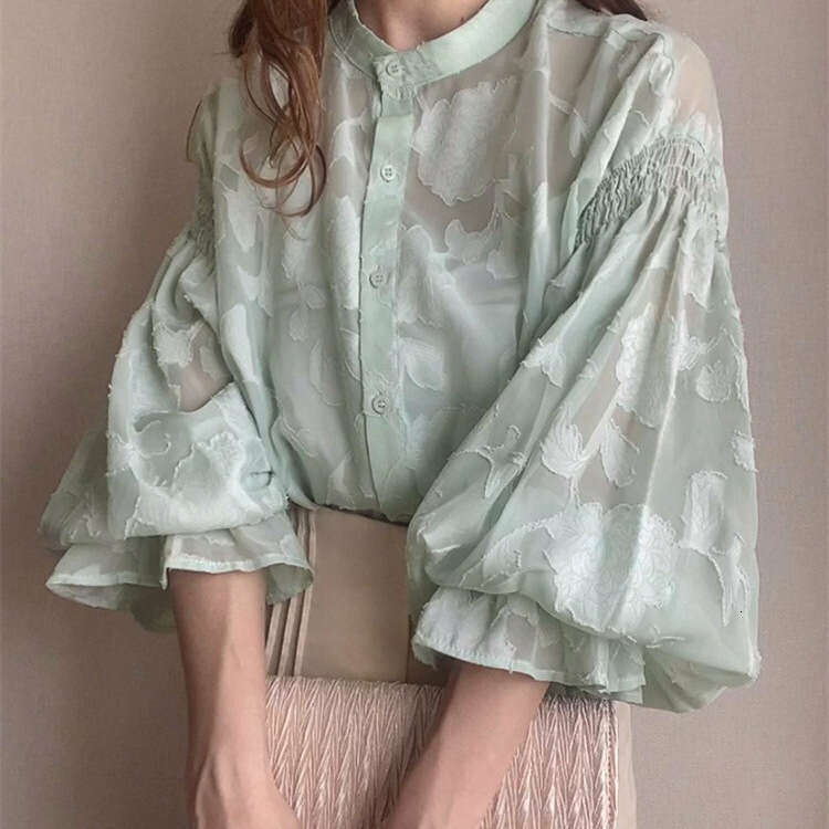 Japan Rakuten Summer New Floral Jacquard Lantern Sleeve Transparent Shirt B5