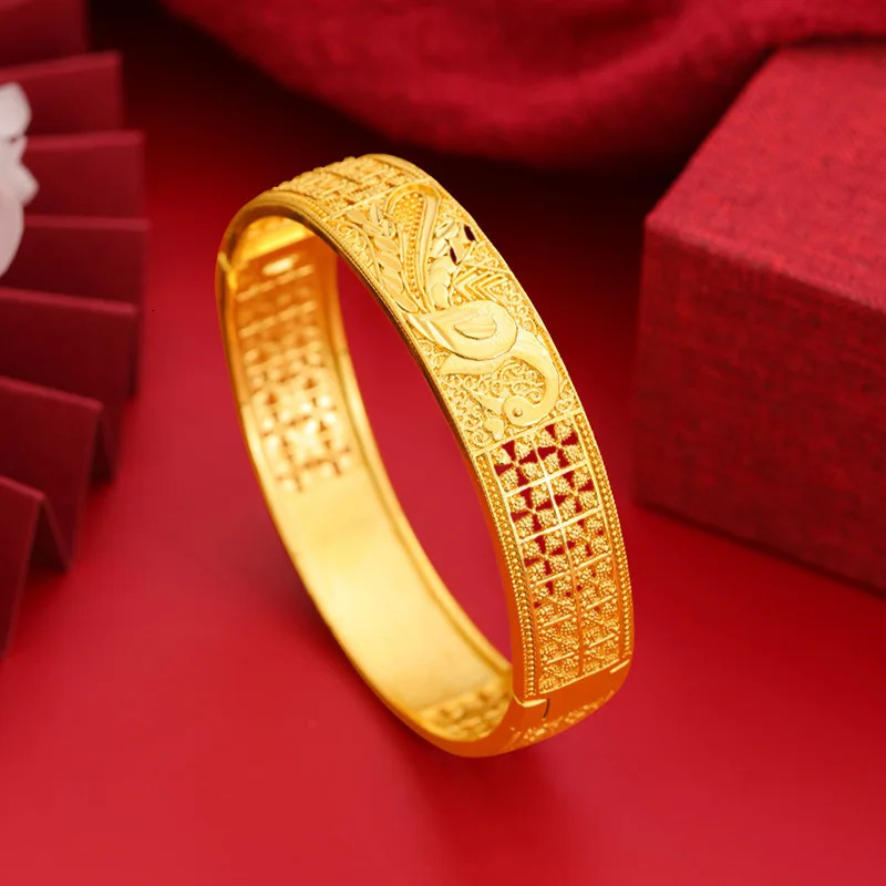 24K 9999 Pure Gold Womens Bracelet Hollow Carved Vintage Bracelet Peacock Open Screen Snap Bracelet 251031